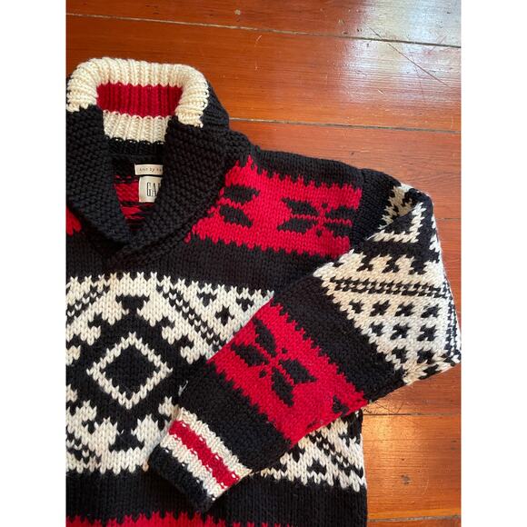 Vintage GAP Hand-Knit Wool Sweater Red Black Cream Geometric Nordic Pullover - Picture 12 of 13